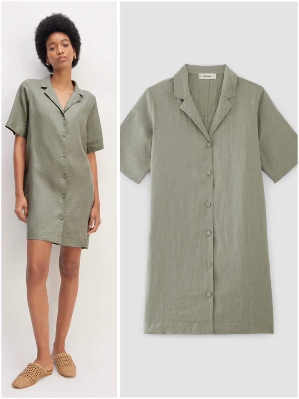 Everlane The Shirtdress in Linen Sage Green Oversized Button Front Dress Lg NWT